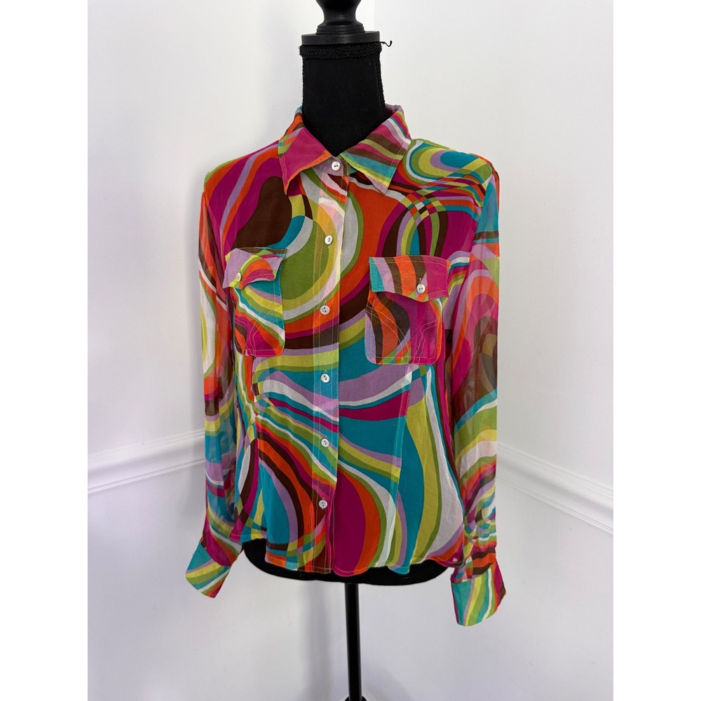 Silk Psychedelic Swirl Sheer Button Up Blouse Multi Color women's L